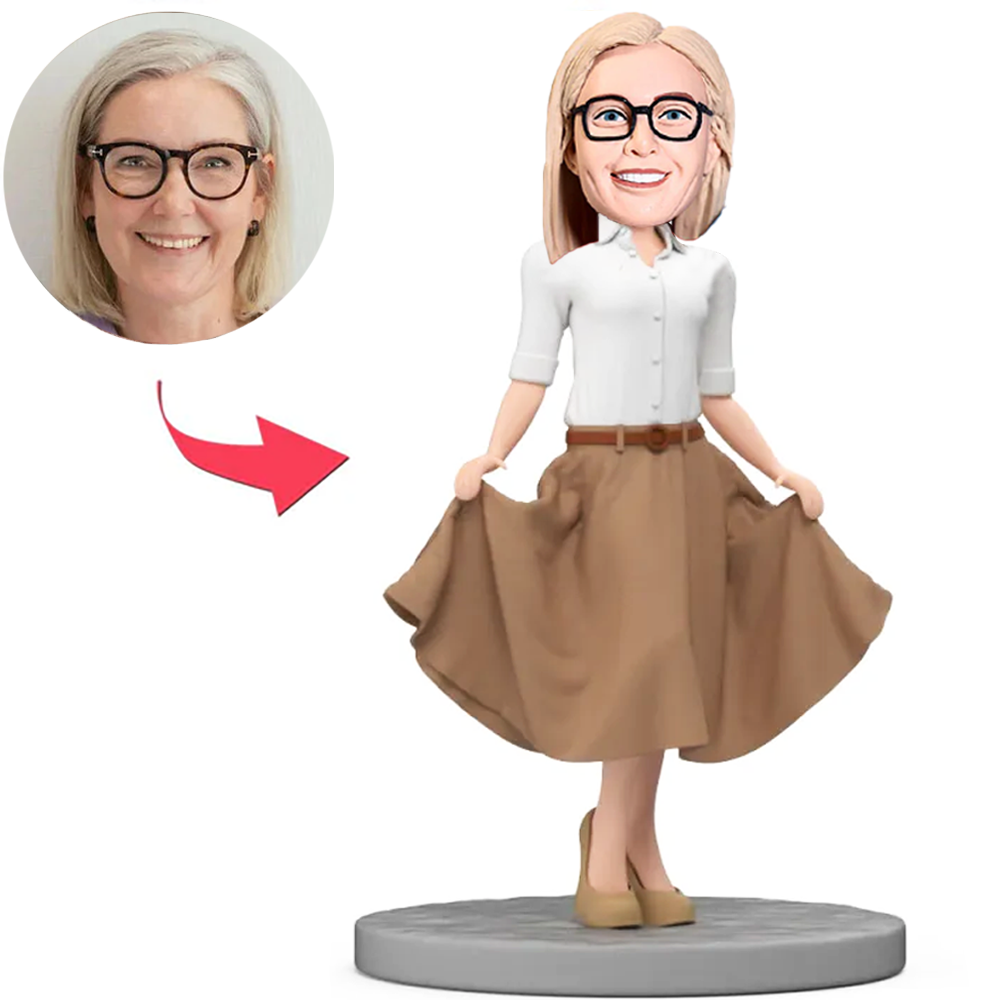 Fashionable Woman in Brown Skirt Custom Bobbleheads