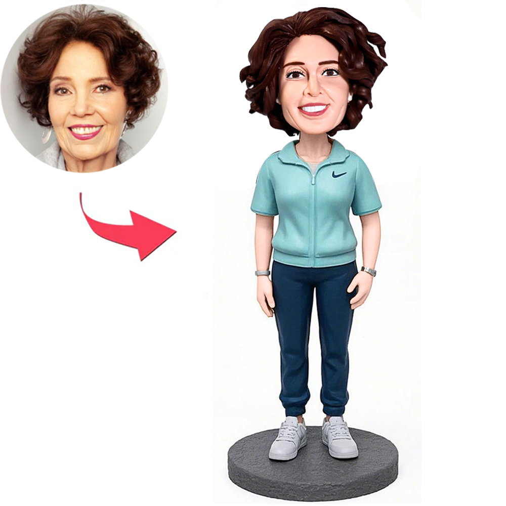 Woman Wearing Blue Nike Shirt Custom Bobbleheads