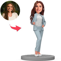 Business Woman in Blue Suit with Cup Custom Bobbleheads