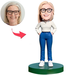 Casual Woman in White Top and Blue Pants Custom Bobbleheads