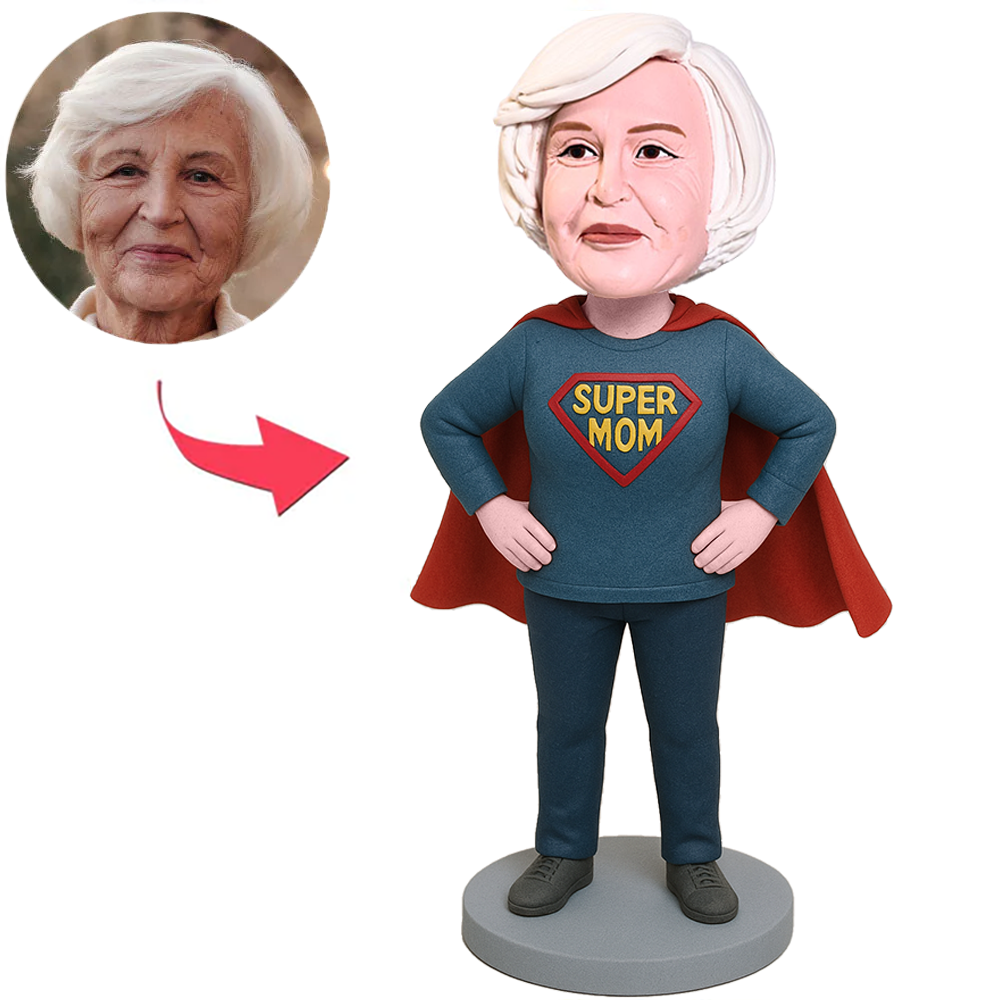 Mom in Dark Blue Shirt Super Mom Custom Bobbleheads