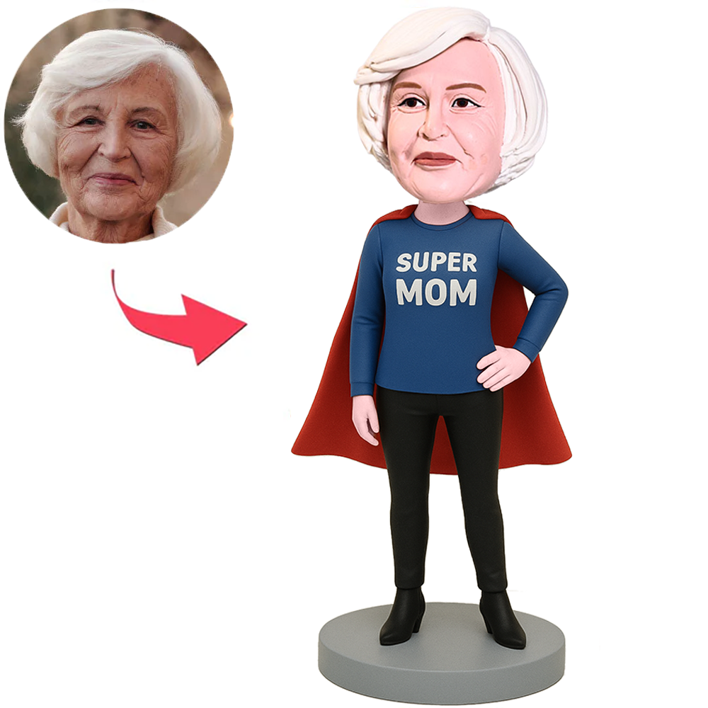 Super Mom in Blue Clothes Custom Bobbleheads