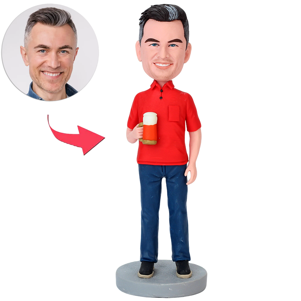 Man in Bright Red Shirt Holding Beer Mug Custom Bobbleheads