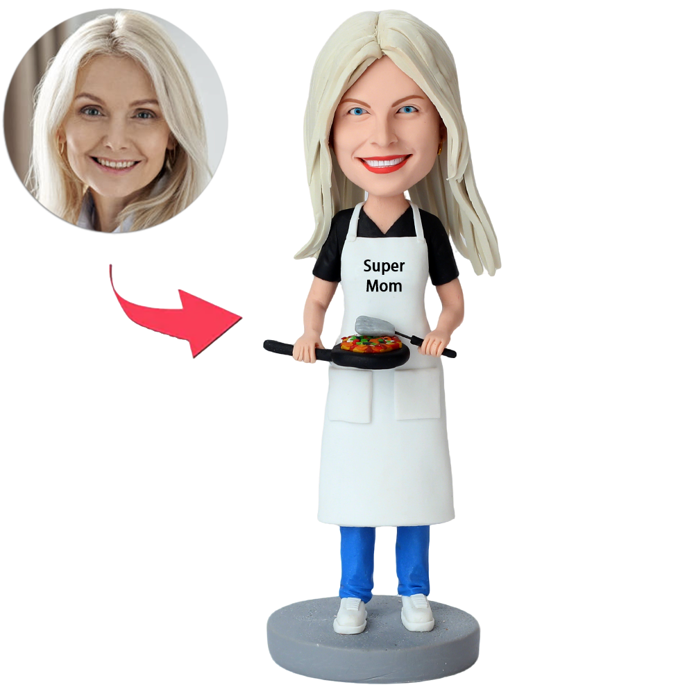 Woman Wearing Super Mom Apron Custom Bobbleheads