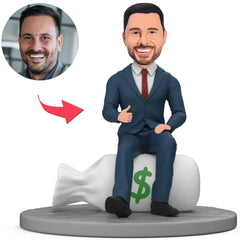 Male Boss in Suit Sitting on Money Bag Custom Bobbleheads