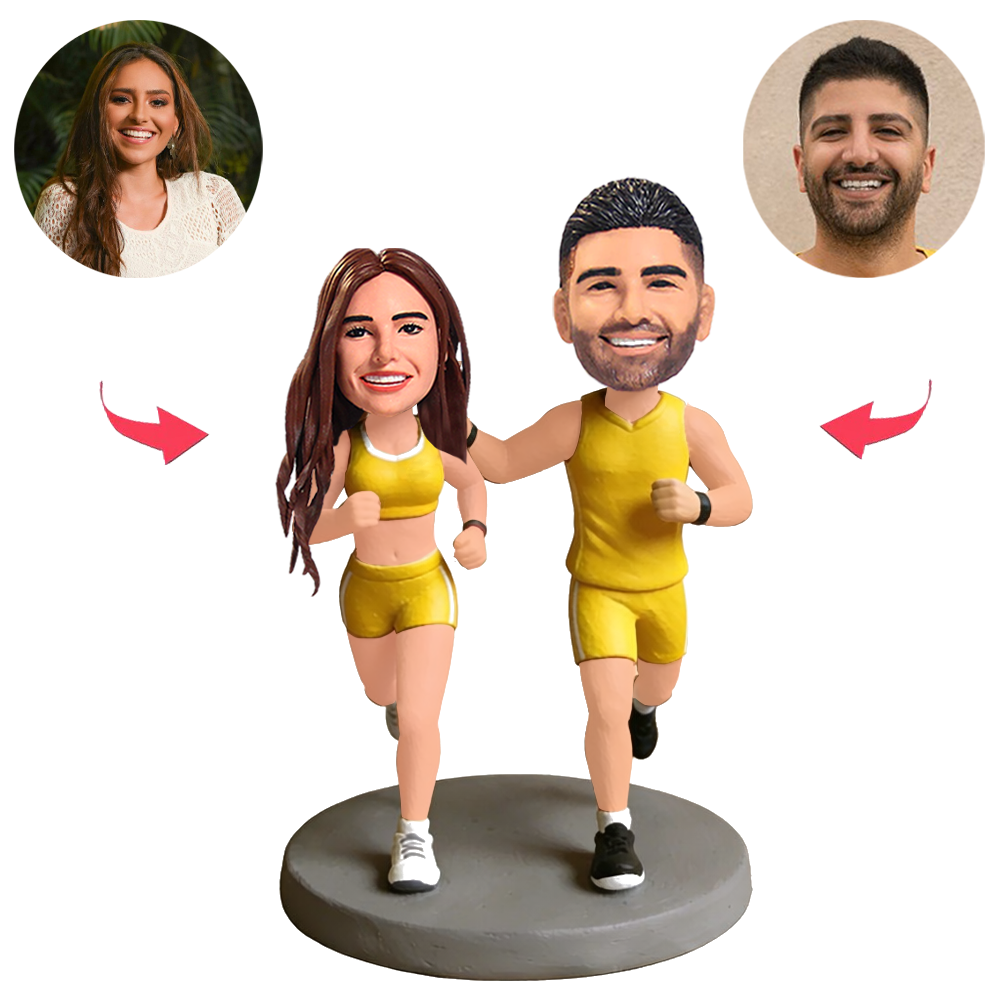 Couple in Yellow Tracksuits Running Custom Bobbleheads