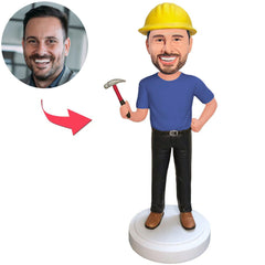Man Holding Hammer Custom Bobbleheads with Yellow Safety Helmet