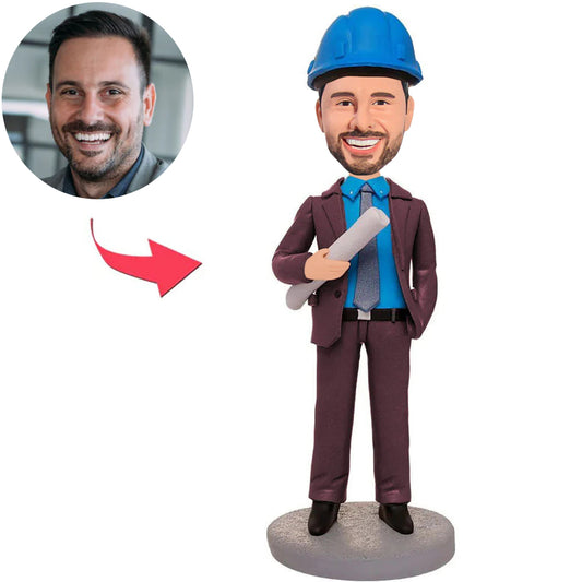 Engineer Holding Blueprints Custom Bobbleheads with Blue Safety Helmet