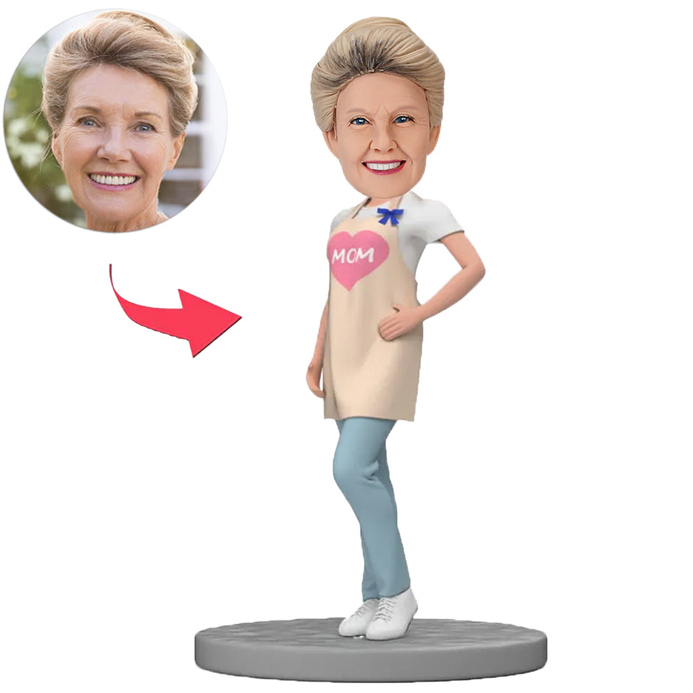 Woman Wearing Mom Apron with Heart Pattern Custom Bobbleheads