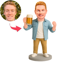 Man in Light Blue Jacket Holding Beer Mug Custom Bobbleheads