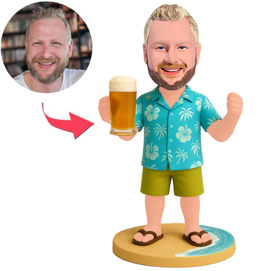 Man in Hawaiian Shirt Holding Beer Mug Custom Bobbleheads