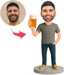 Man in Gray Short Sleeved Shirt Holding Beer Mug Custom Bobbleheads