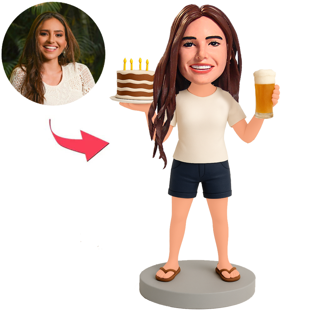 Woman Holding Beer and Birthday Cake Custom Bobbleheads