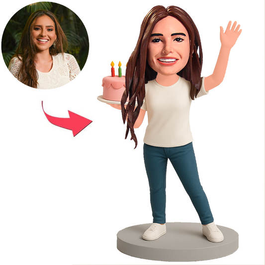 Woman Holding Birthday Cake Custom Bobbleheads