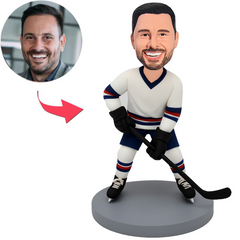 Male Ice Hockey Player in White Jersey Custom Bobbleheads