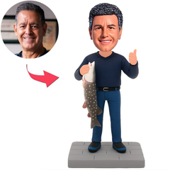 Man with Thumbs Up Holding Big Fish Custom Bobbleheads