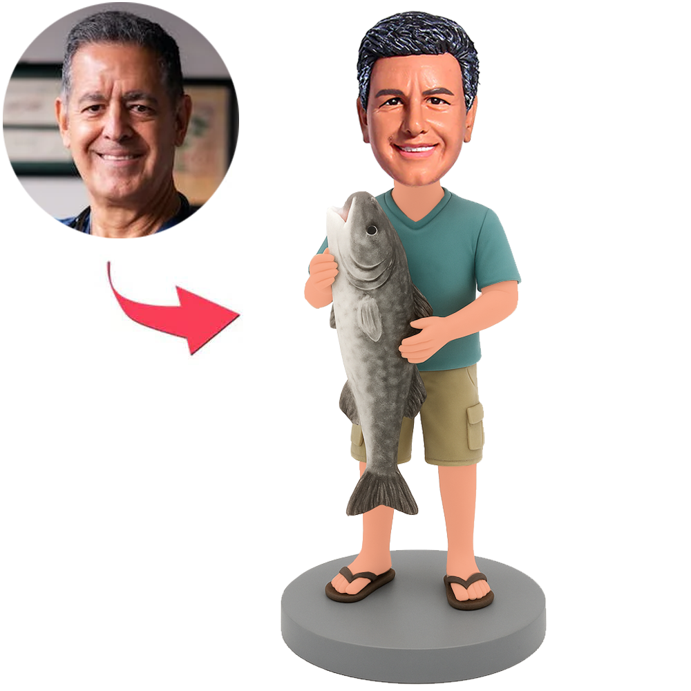 Man Wearing Blue Short Sleeved Shirt Holding Big Fish Custom Bobbleheads