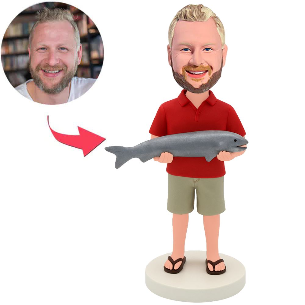 Man in Red Shirt Holding Fish Custom Bobbleheads