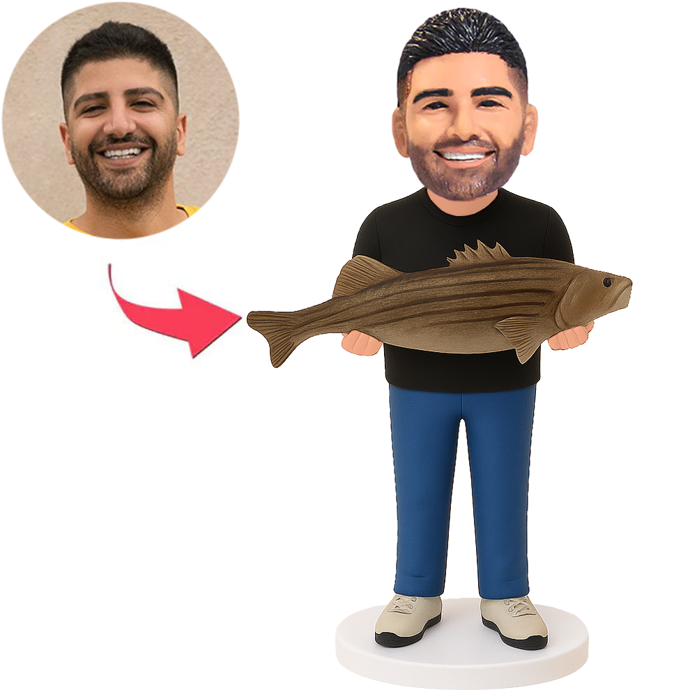 Man in Blue Pants Holding Fish Custom Bobbleheads