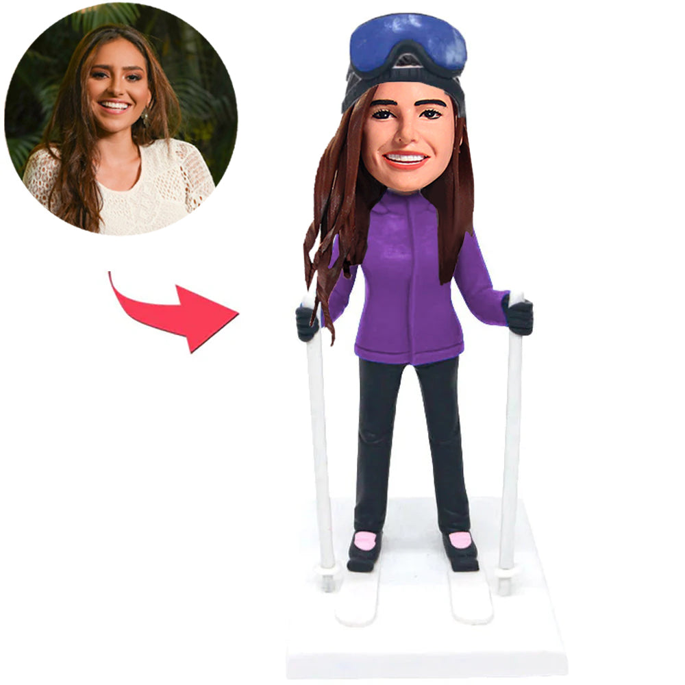 Purple Clothes Skiing Woman Custom Bobbleheads with Ski Goggles