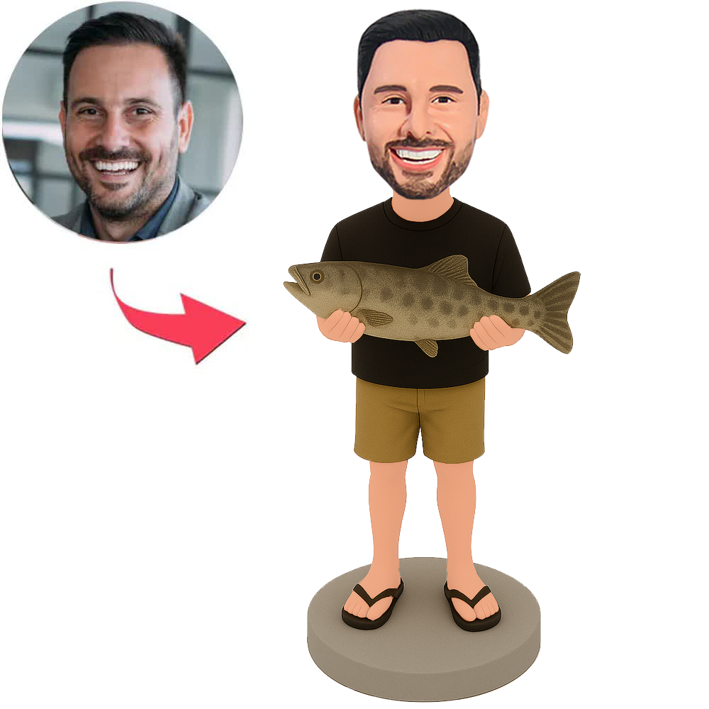 Man in Brown Shorts Holding Fish Custom Bobbleheads
