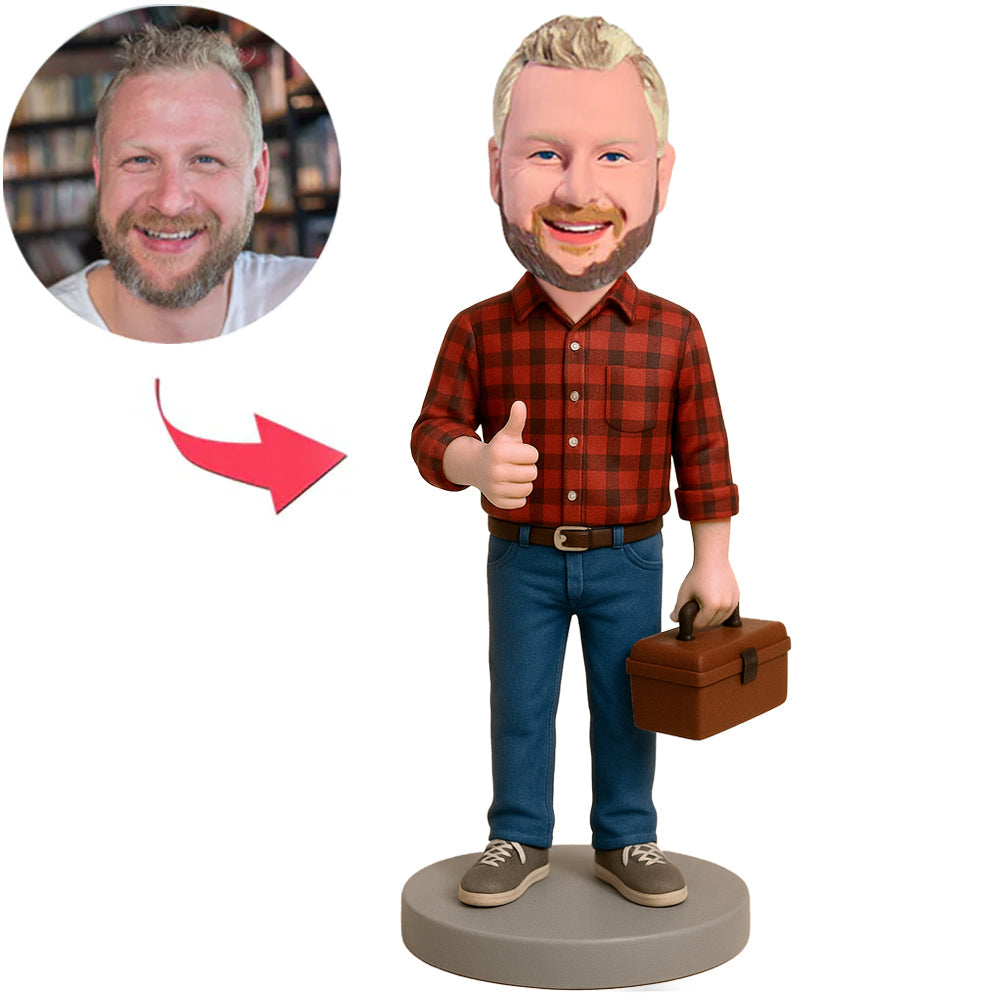 Man in Plaid Shirt Carrying Toolbox Custom Bobbleheads