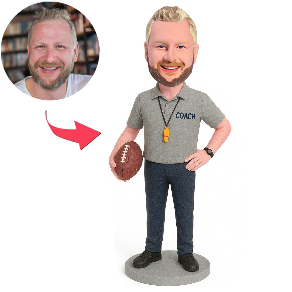 Rugby Coach in Grey Shirt Custom Bobbleheads