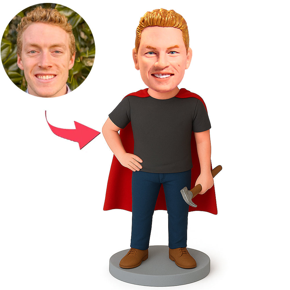 Male Wearing Cape Holding Hammer Custom Bobbleheads