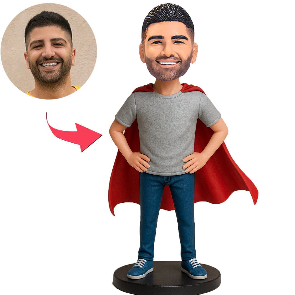 Man in Grey Shirt and Cape Custom Bobbleheads