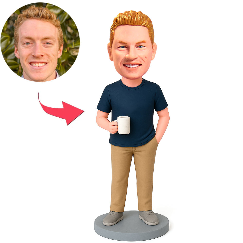 Casual Male Holding Cup Custom Bobbleheads