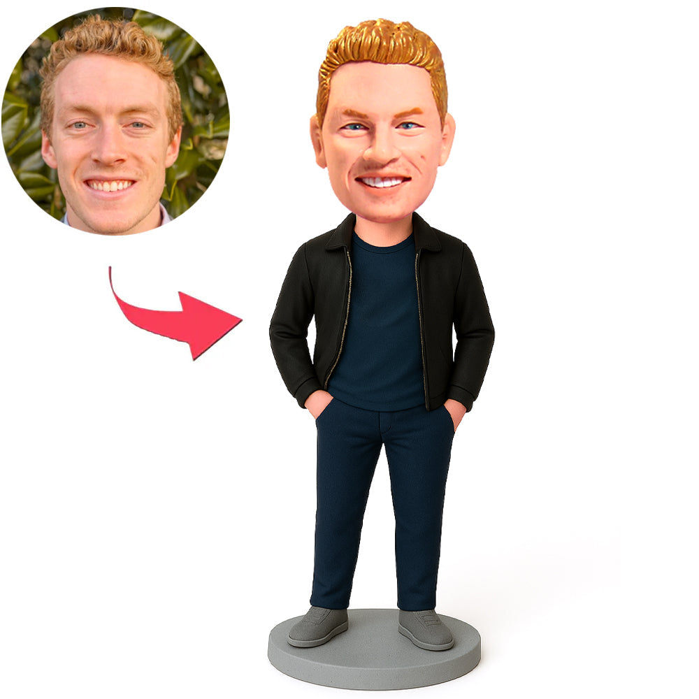 Casual Man in Black Jacket Custom Bobbleheads