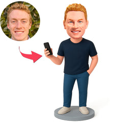 Casual Man Holding Phone Custom Bobbleheads