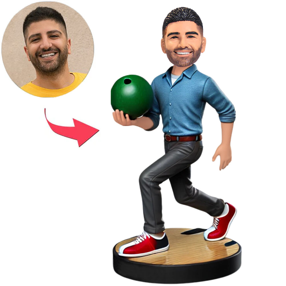 Blue Shirt Bowling Player Custom Bobbleheads