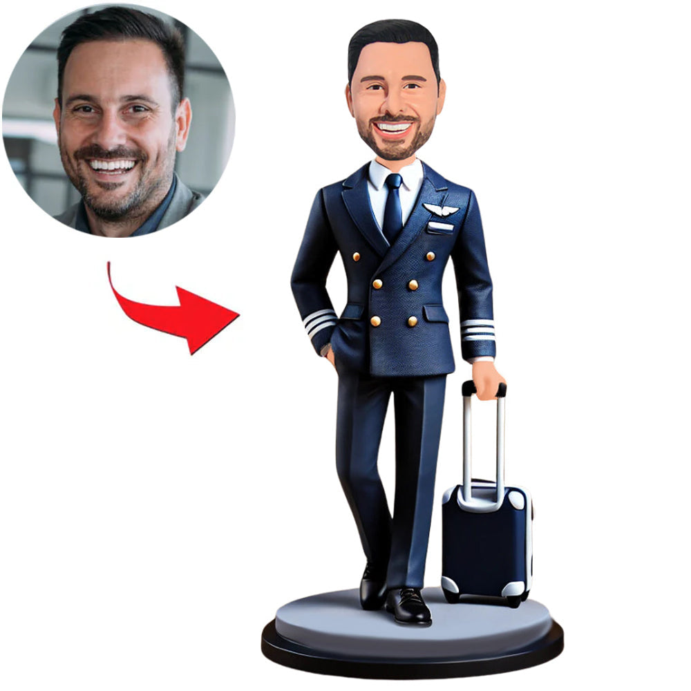 Male Pilot Pulling Suitcase Custom Bobbleheads