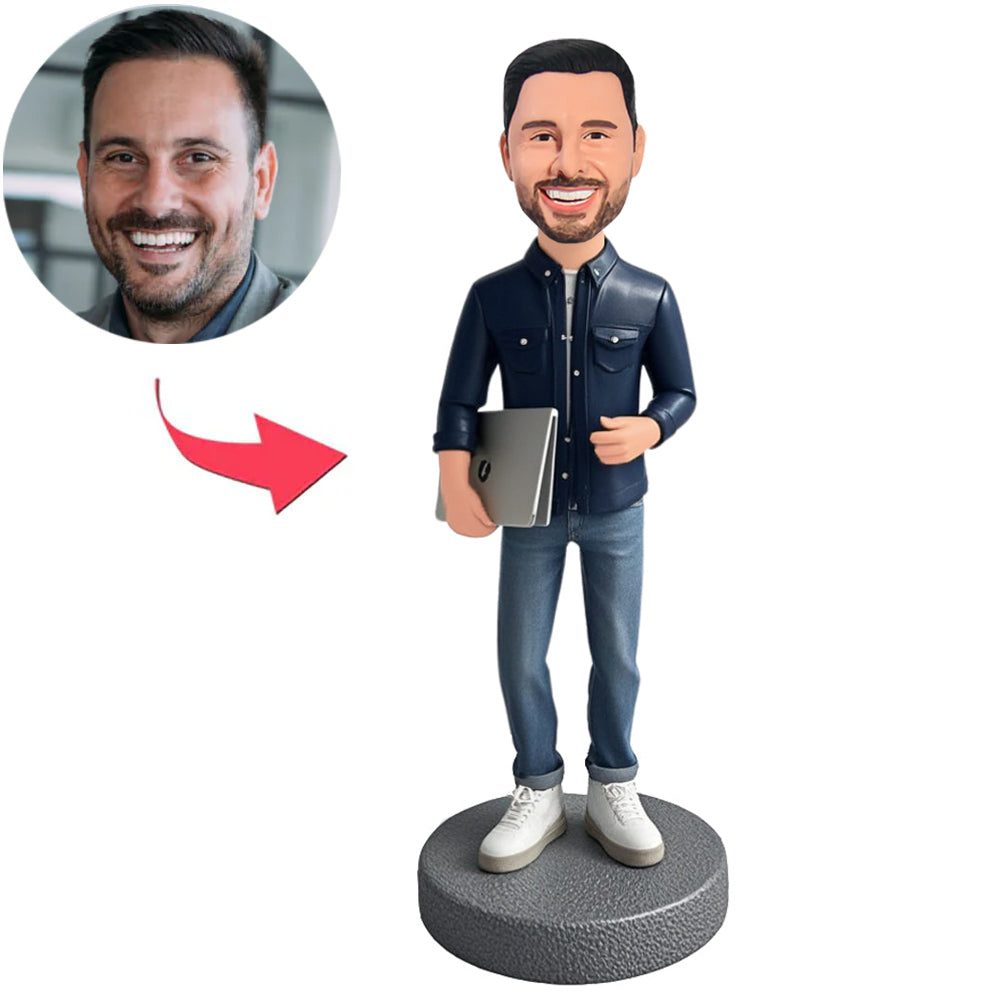 Male Programmer Holding Laptop Custom Bobbleheads