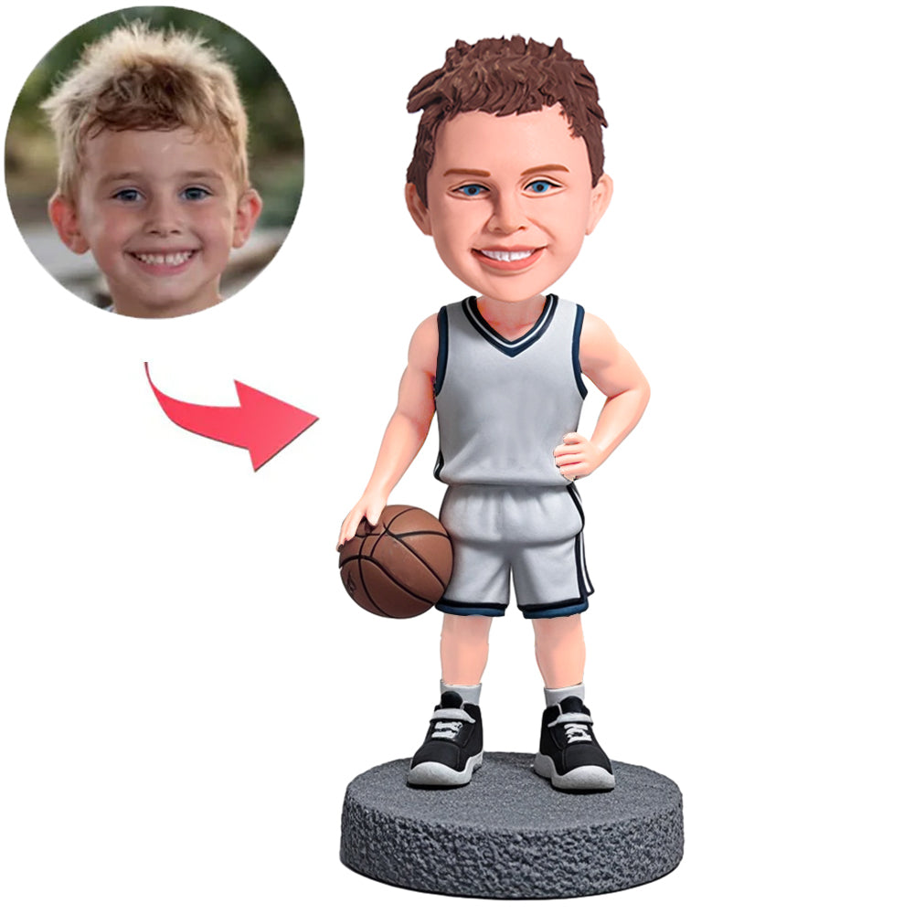 Boy in Gray Basketball Uniform Custom Bobbleheads