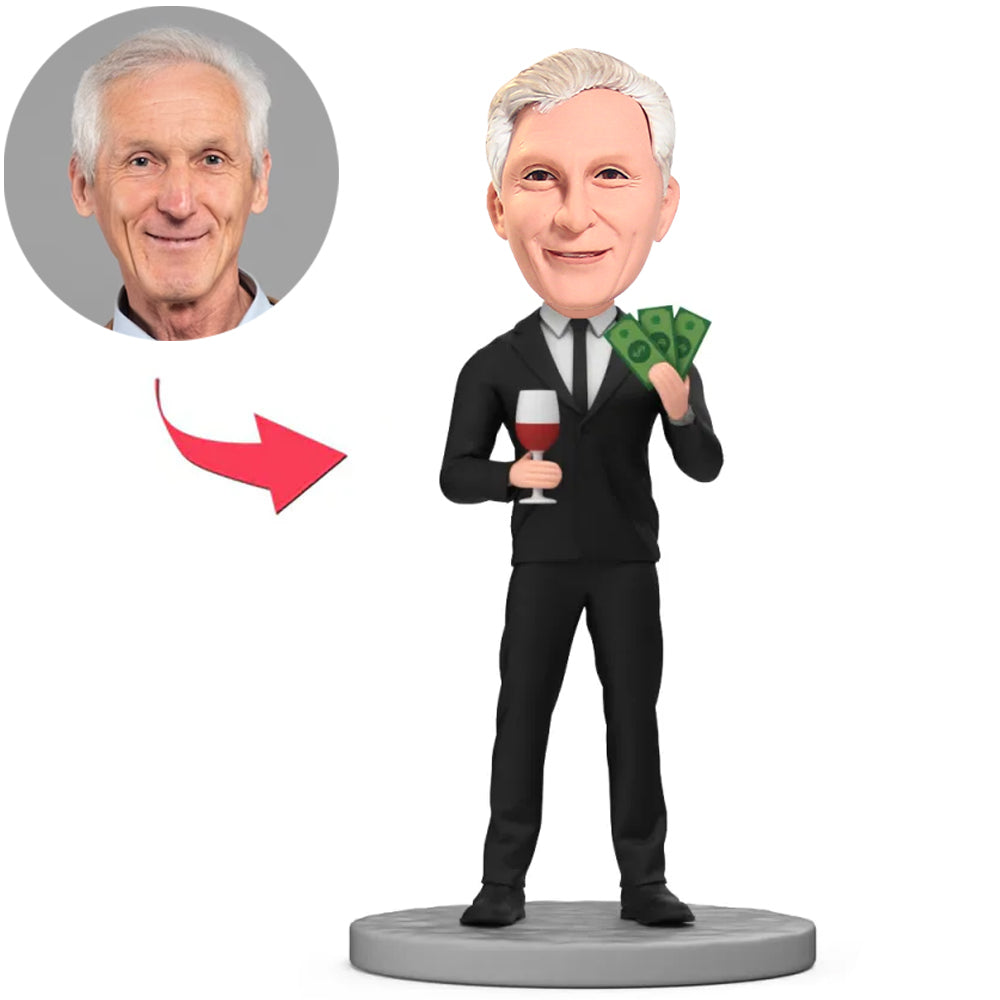 Boss Holding Dollars and Wine Glass Custom Bobbleheads