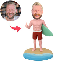 Man in Swimming Trunks Holding Surfboard Custom Bobbleheads