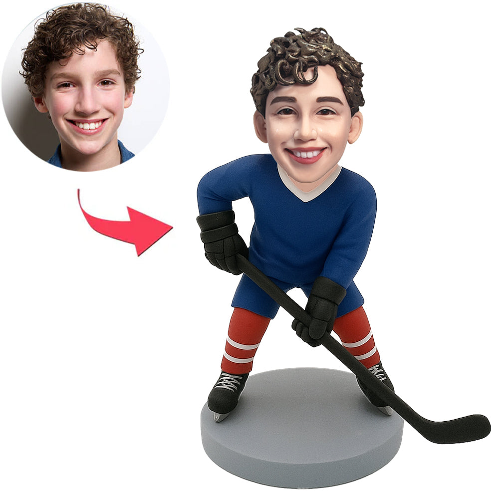 Boy Playing Ice Hockey in Blue Clothes Custom Bobbleheads