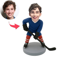 Boy Playing Ice Hockey in Blue Clothes Custom Bobbleheads