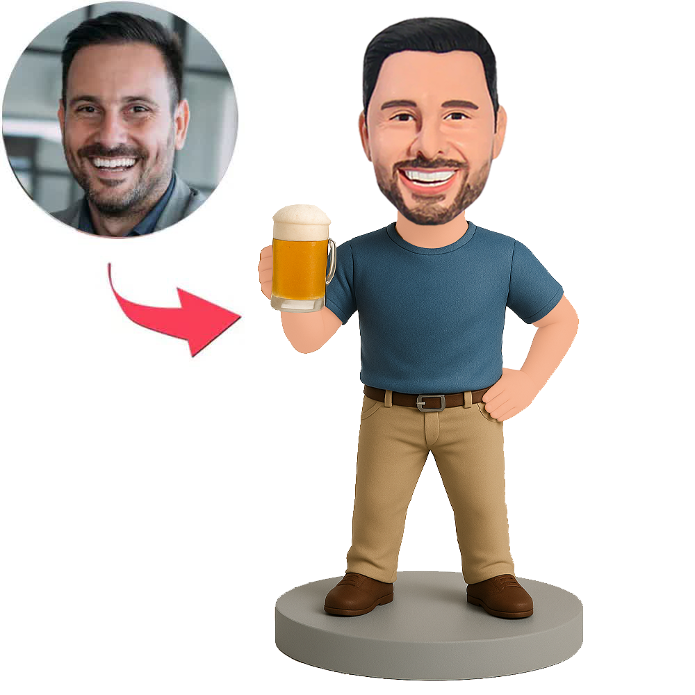 Man in Khaki Pants Holding Beer Mug Custom Bobbleheads