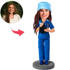 Blue Suit Nurse Holding Notebook Custom Bobbleheads with Nurse Hat