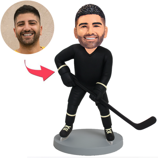 Male Ice Hockey Player in Black Jersey Custom Bobbleheads