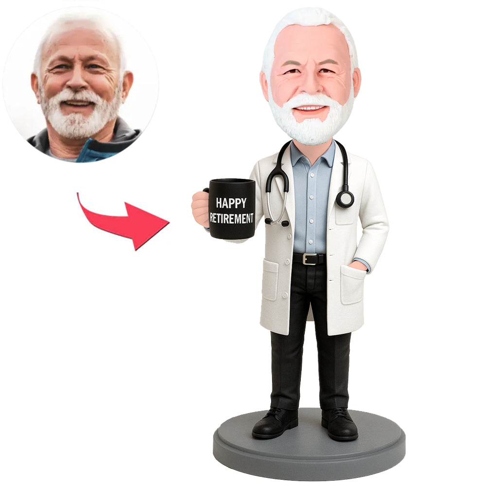 Happy Retirement Doctor Holding Cup Custom Bobbleheads