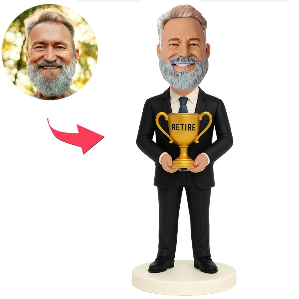 Business Man Holding Retirement Trophy Custom Bobbleheads
