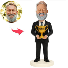Business Man Holding Retirement Trophy Custom Bobbleheads
