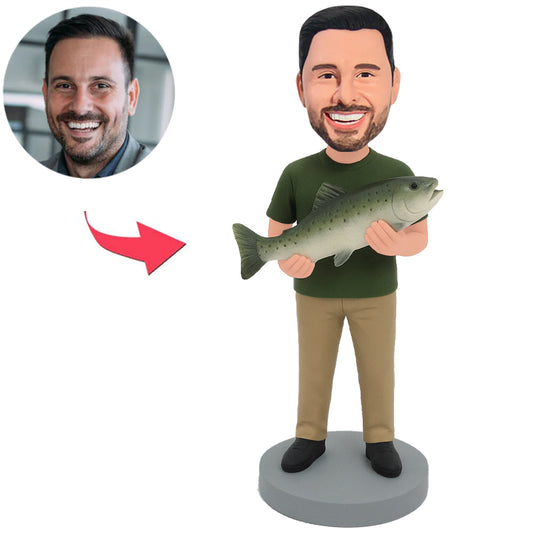 Man in Dark Green Shirt Holding Fish Custom Bobbleheads