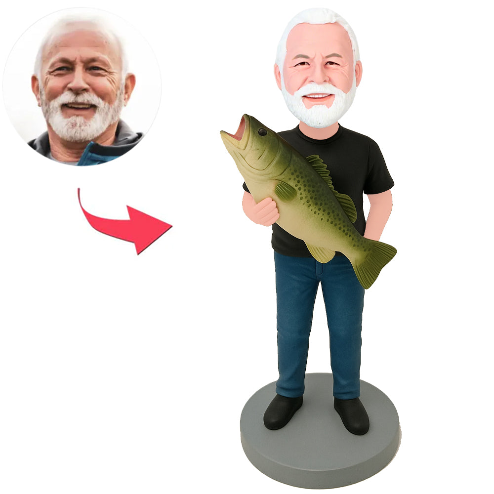 Man in Black Shirt Holding Fish Custom Bobbleheads