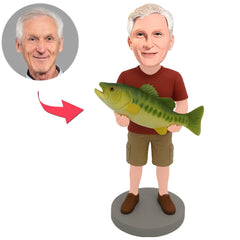 Man in Red Shirt Holding Big Fish Custom Bobbleheads