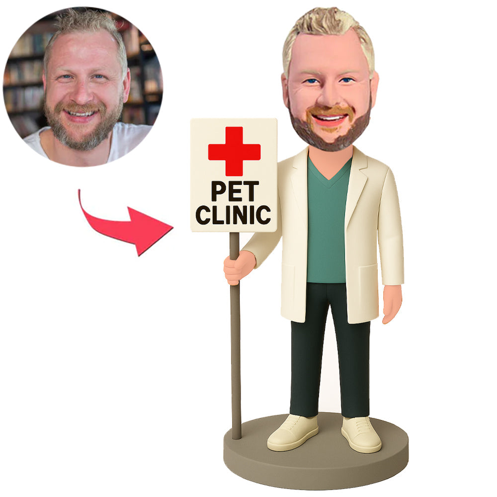 Veterinarian Holding Pet Clinic Sign Custom Bobbleheads
